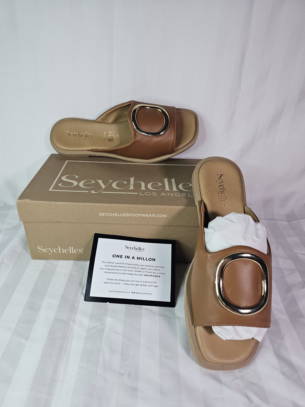 Seychelles Women's Leather Tan Slide Sandals with Gold Accent